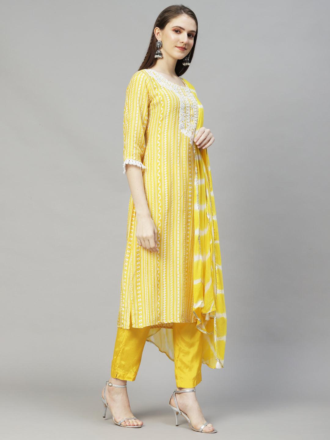 Ethnic Printed & Embroidered Straight Kurta with Pants & Dupatta - Yellow - Indiakreations