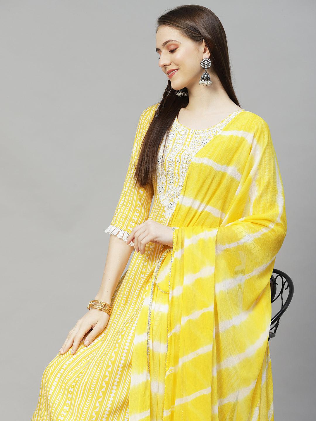 Ethnic Printed & Embroidered Straight Kurta with Pants & Dupatta - Yellow - Indiakreations