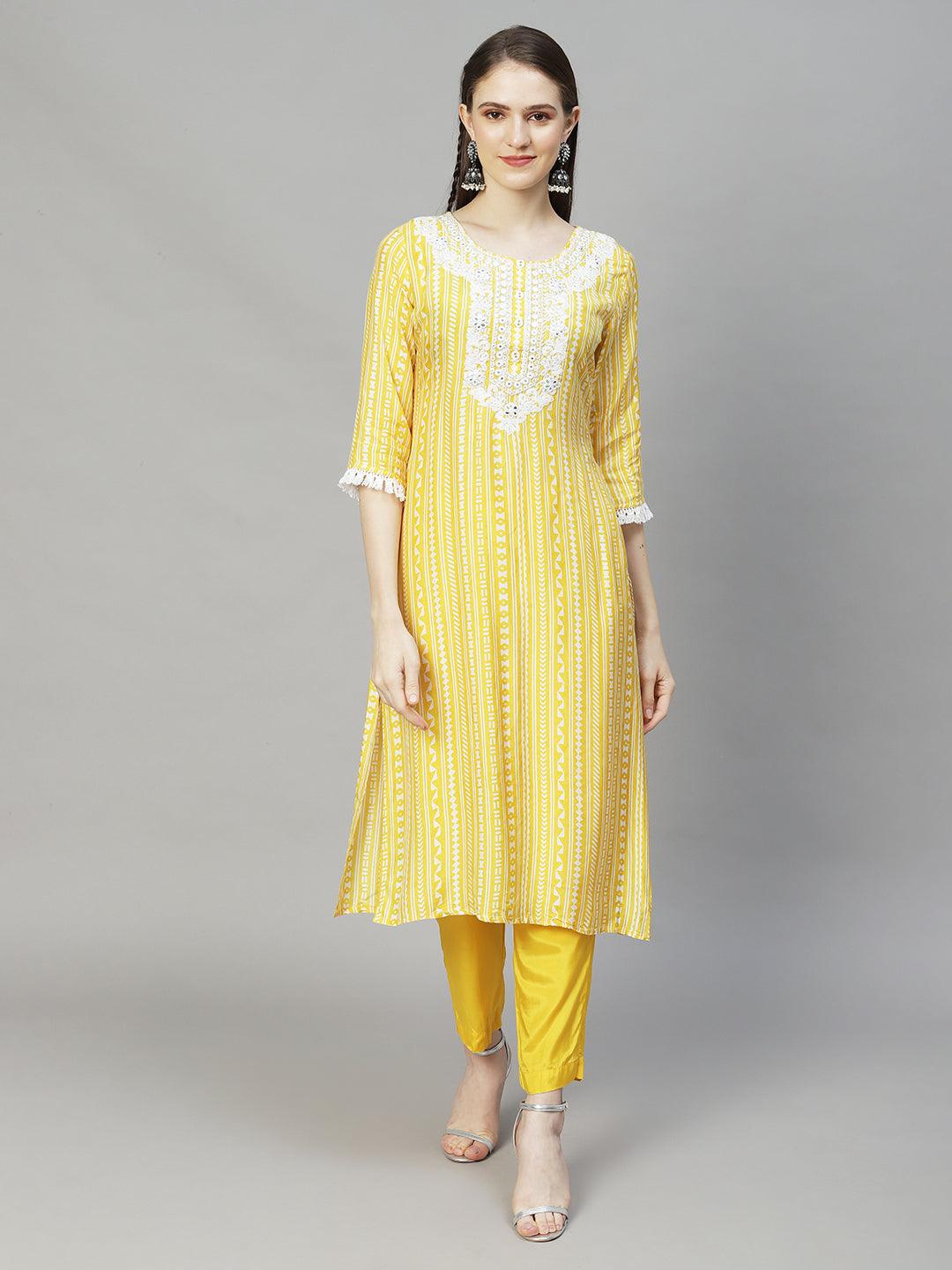 Ethnic Printed & Embroidered Straight Kurta with Pants & Dupatta - Yellow - Indiakreations