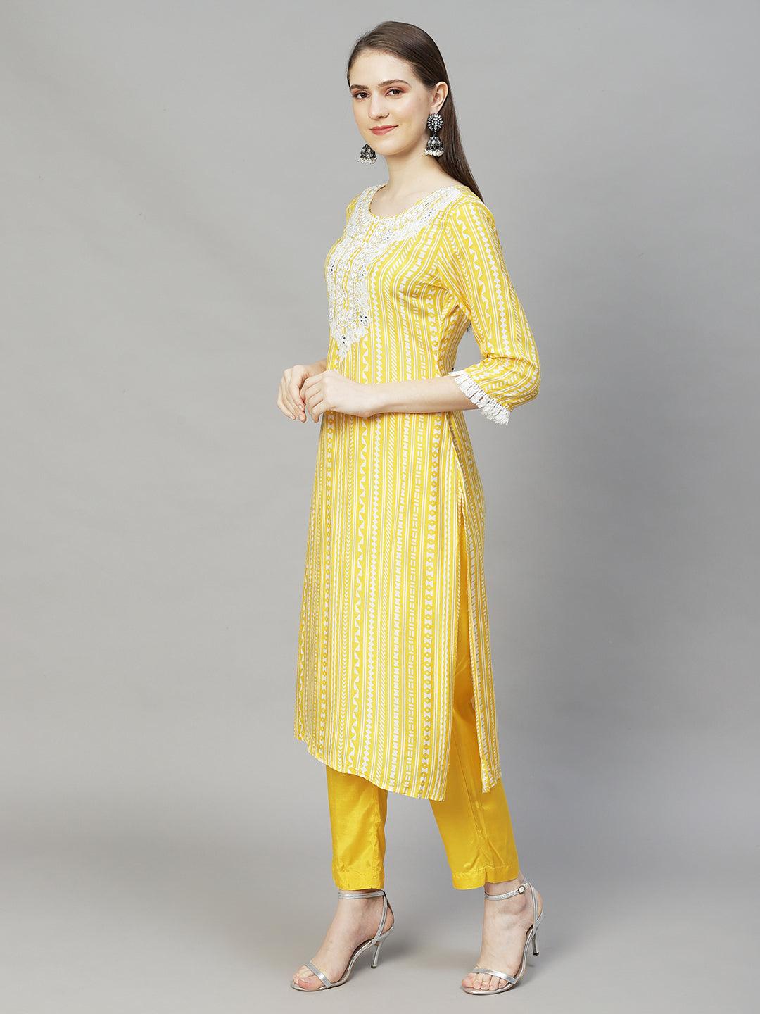 Ethnic Printed & Embroidered Straight Kurta with Pants & Dupatta - Yellow - Indiakreations