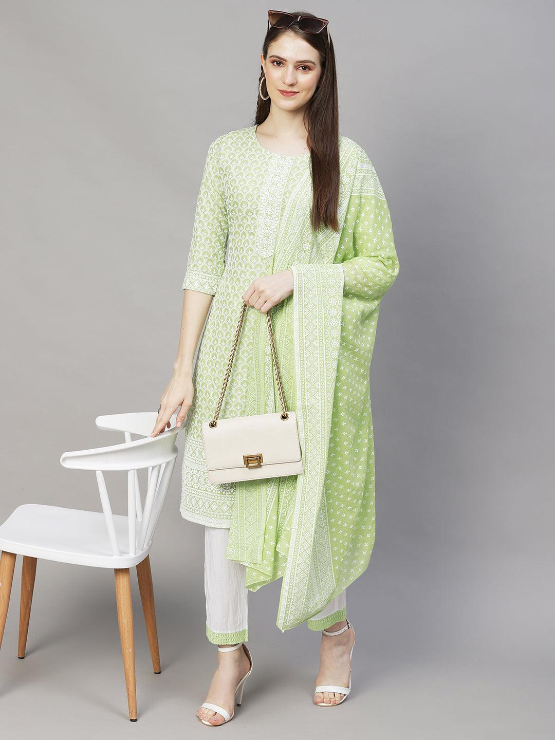 Chikankari Embroidered Straight Kurta with Pants & Dupatta - Light Green - Indiakreations