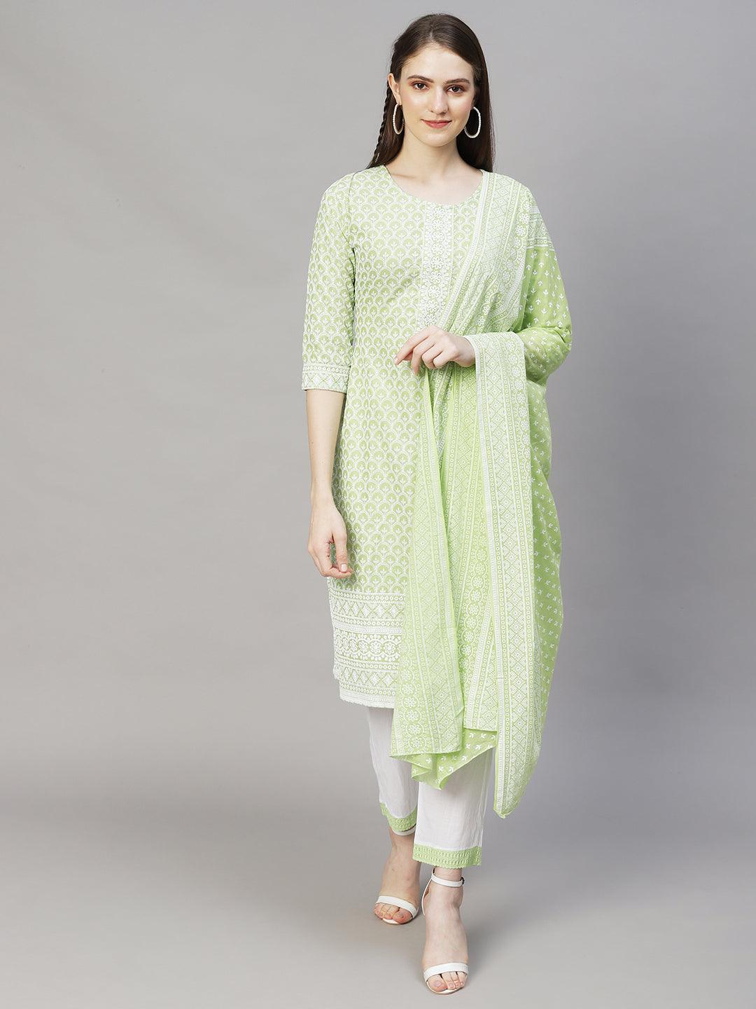 Chikankari Embroidered Straight Kurta with Pants & Dupatta - Light Green - Indiakreations