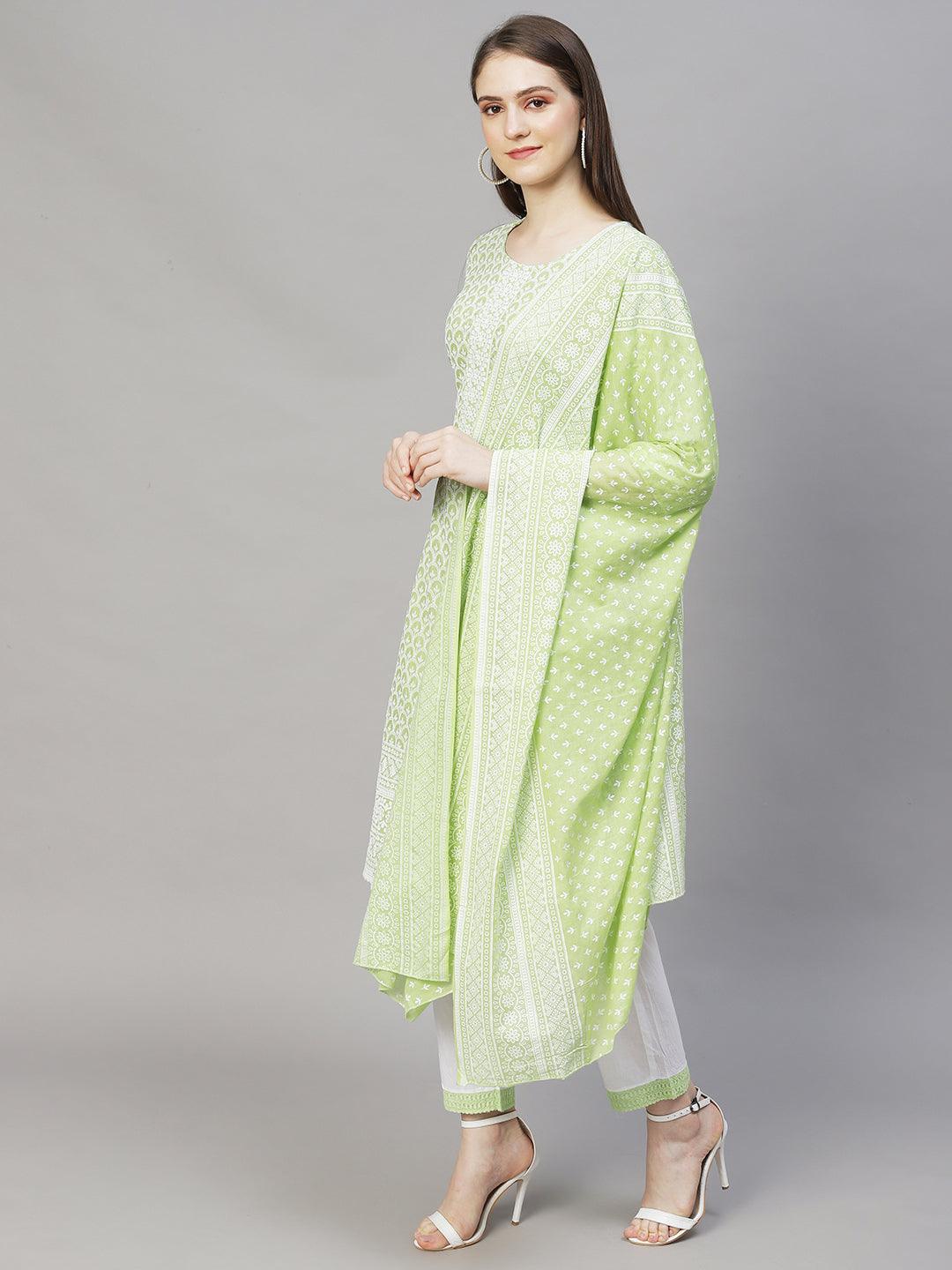 Chikankari Embroidered Straight Kurta with Pants & Dupatta - Light Green - Indiakreations