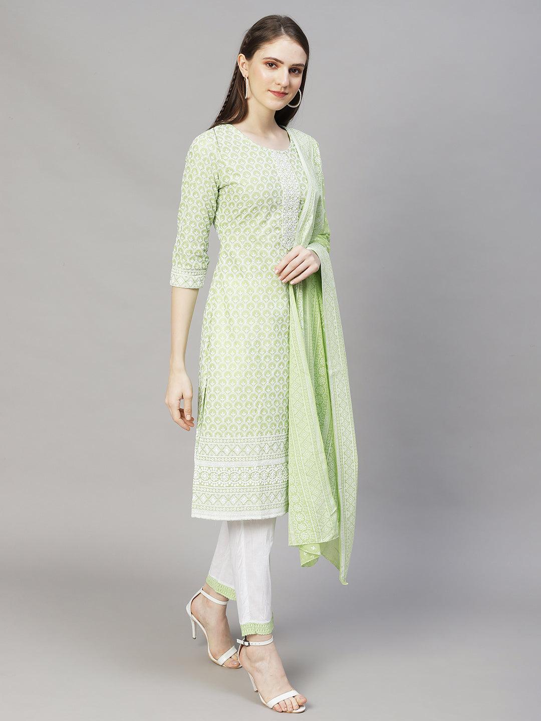 Chikankari Embroidered Straight Kurta with Pants & Dupatta - Light Green - Indiakreations