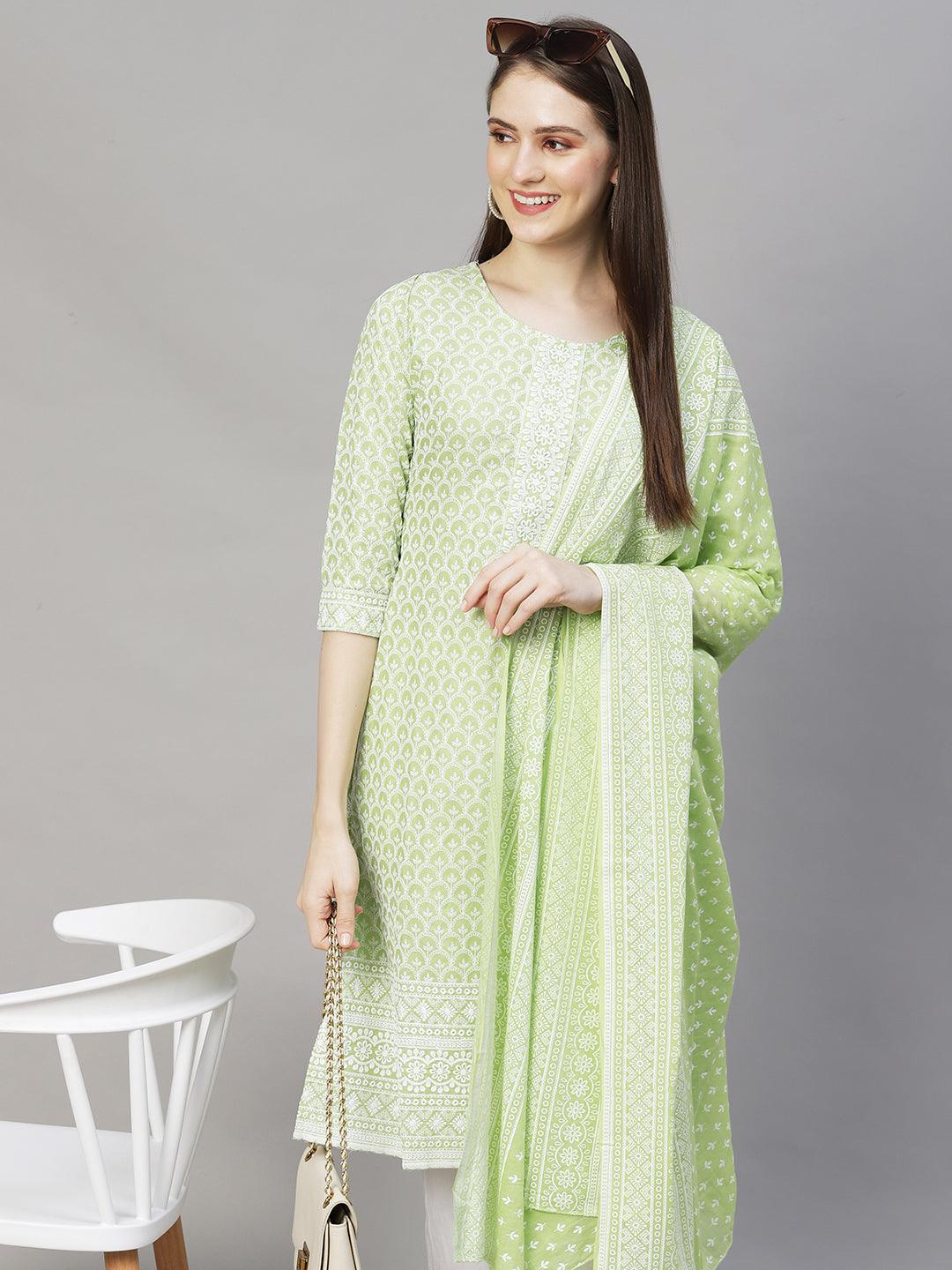 Chikankari Embroidered Straight Kurta with Pants & Dupatta - Light Green - Indiakreations