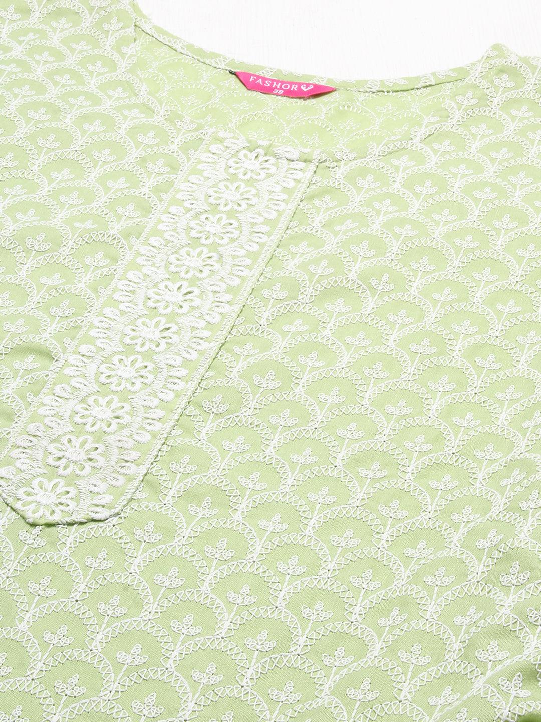 Chikankari Embroidered Straight Kurta with Pants & Dupatta - Light Green - Indiakreations