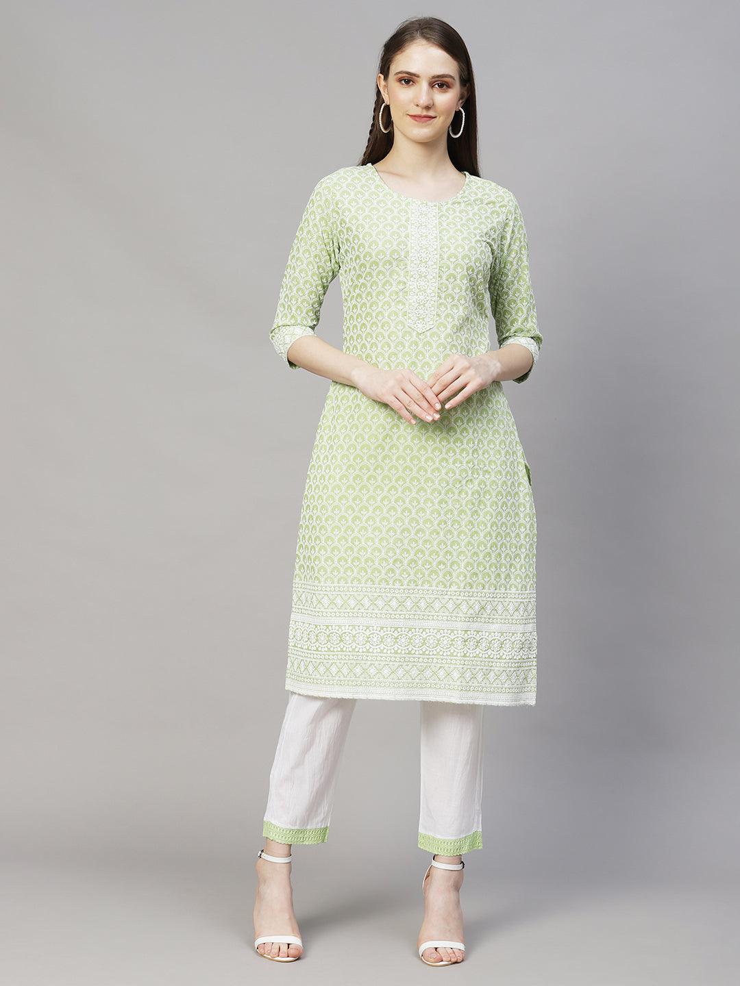 Chikankari Embroidered Straight Kurta with Pants & Dupatta - Light Green - Indiakreations