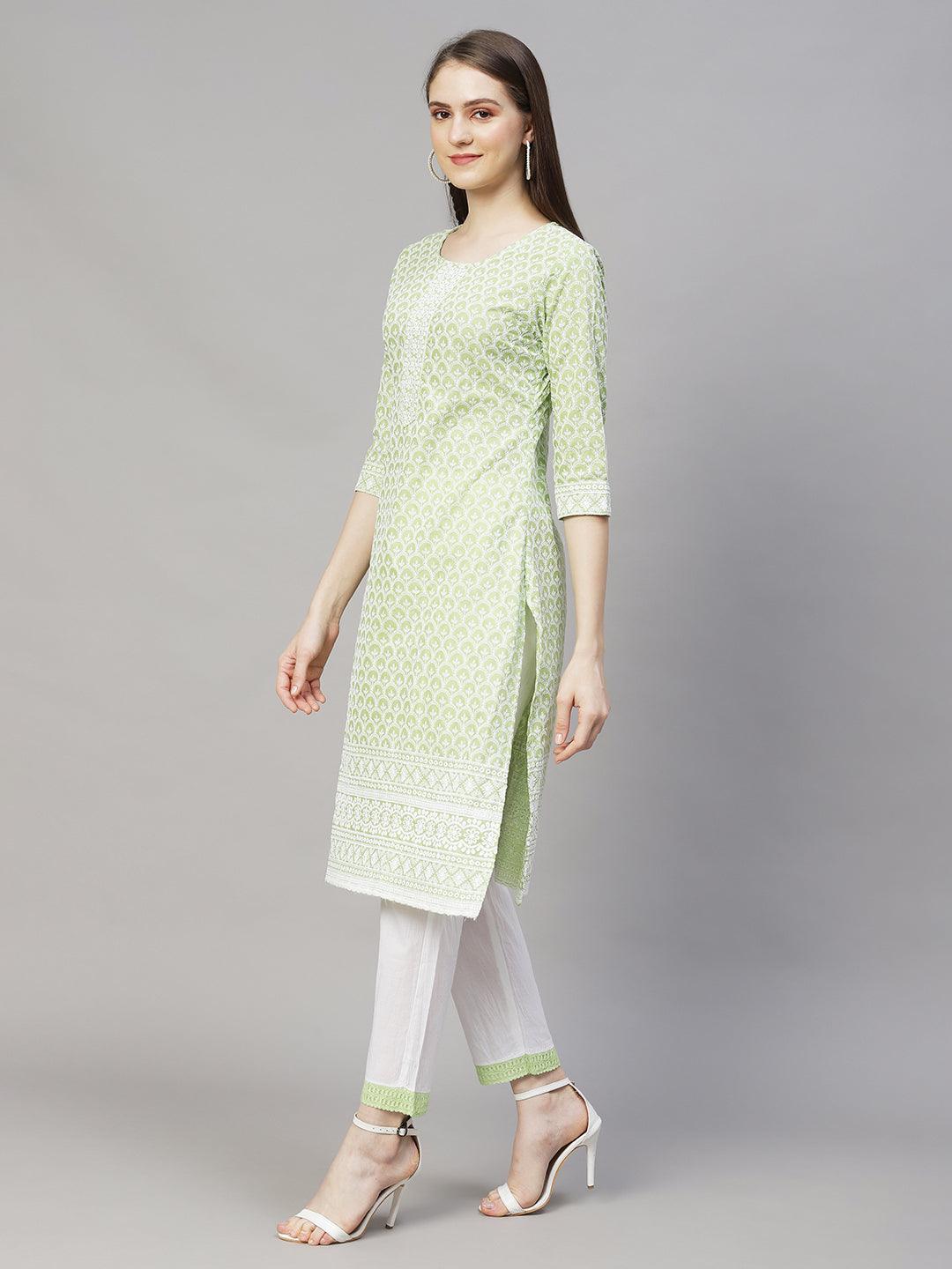 Chikankari Embroidered Straight Kurta with Pants & Dupatta - Light Green - Indiakreations