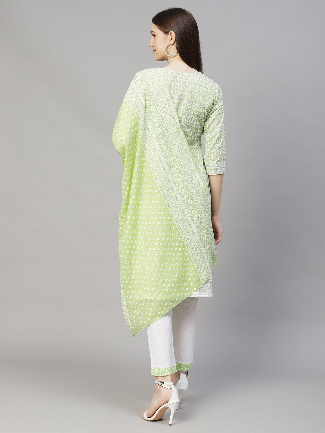 Chikankari Embroidered Straight Kurta with Pants & Dupatta - Light Green - Indiakreations