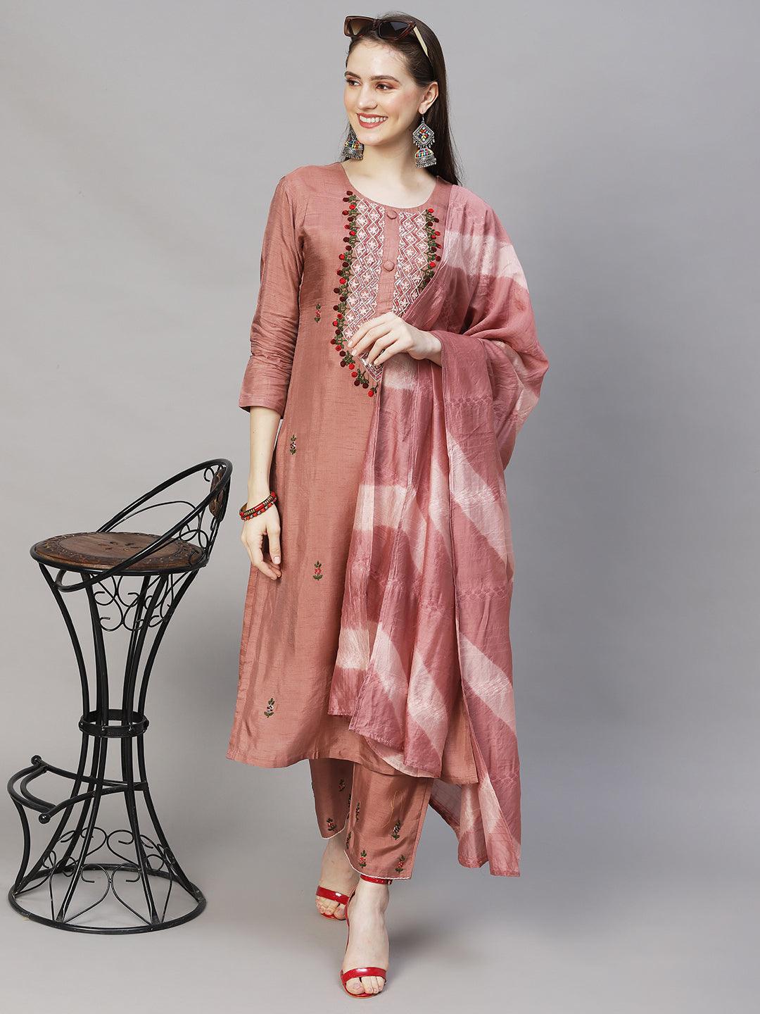 Floral Hand Embroidered Straight Kurta with Pants & Dupatta - Rose Gold Pink - Indiakreations