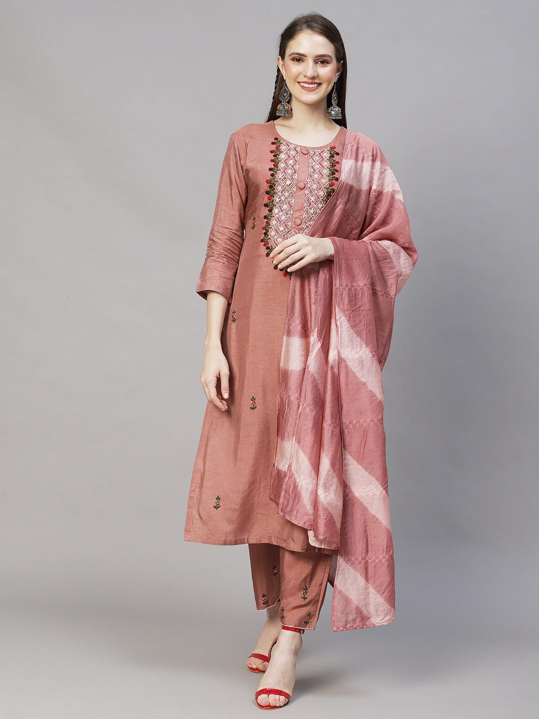 Floral Hand Embroidered Straight Kurta with Pants & Dupatta - Rose Gold Pink - Indiakreations