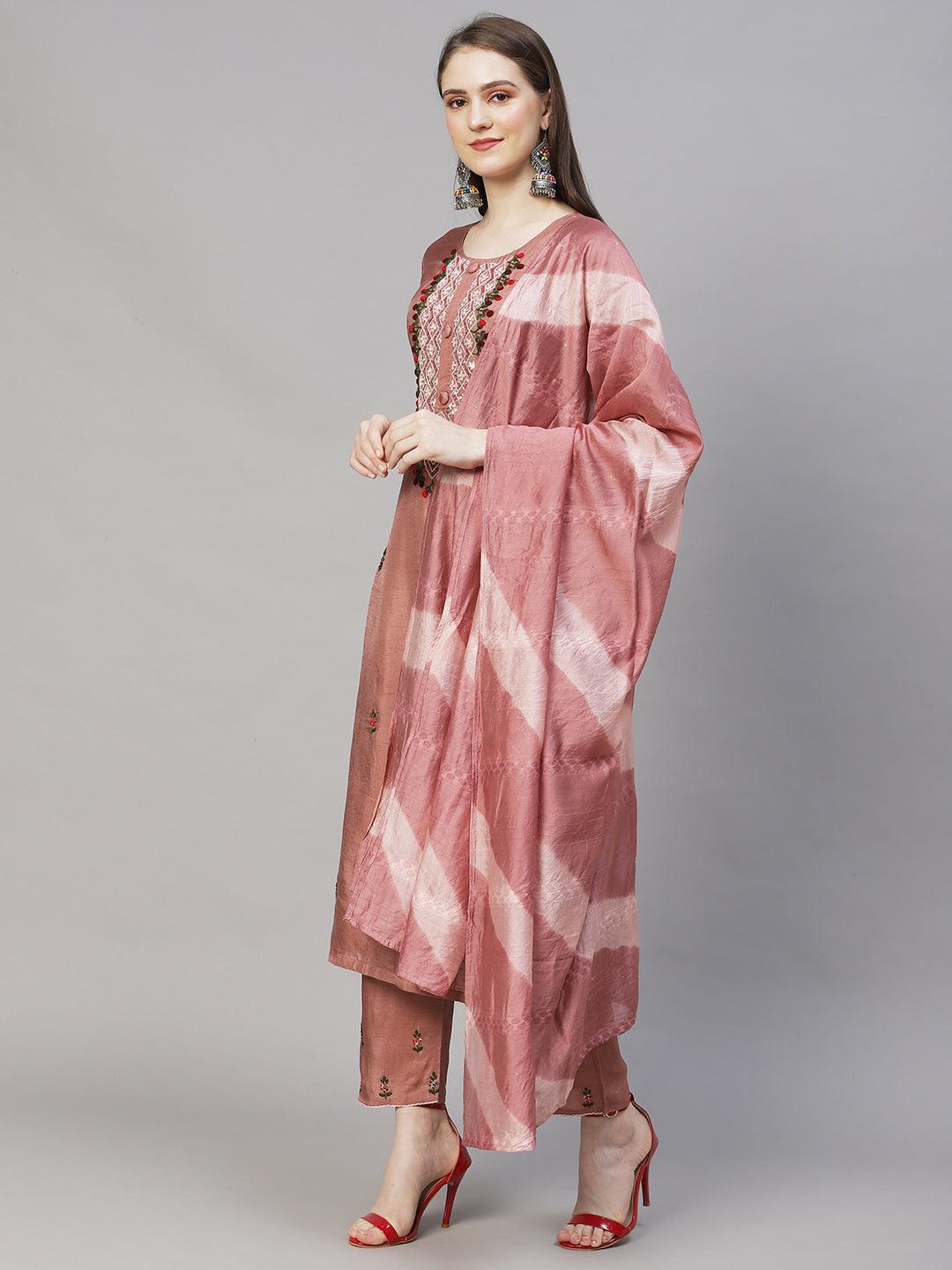 Floral Hand Embroidered Straight Kurta with Pants & Dupatta - Rose Gold Pink - Indiakreations