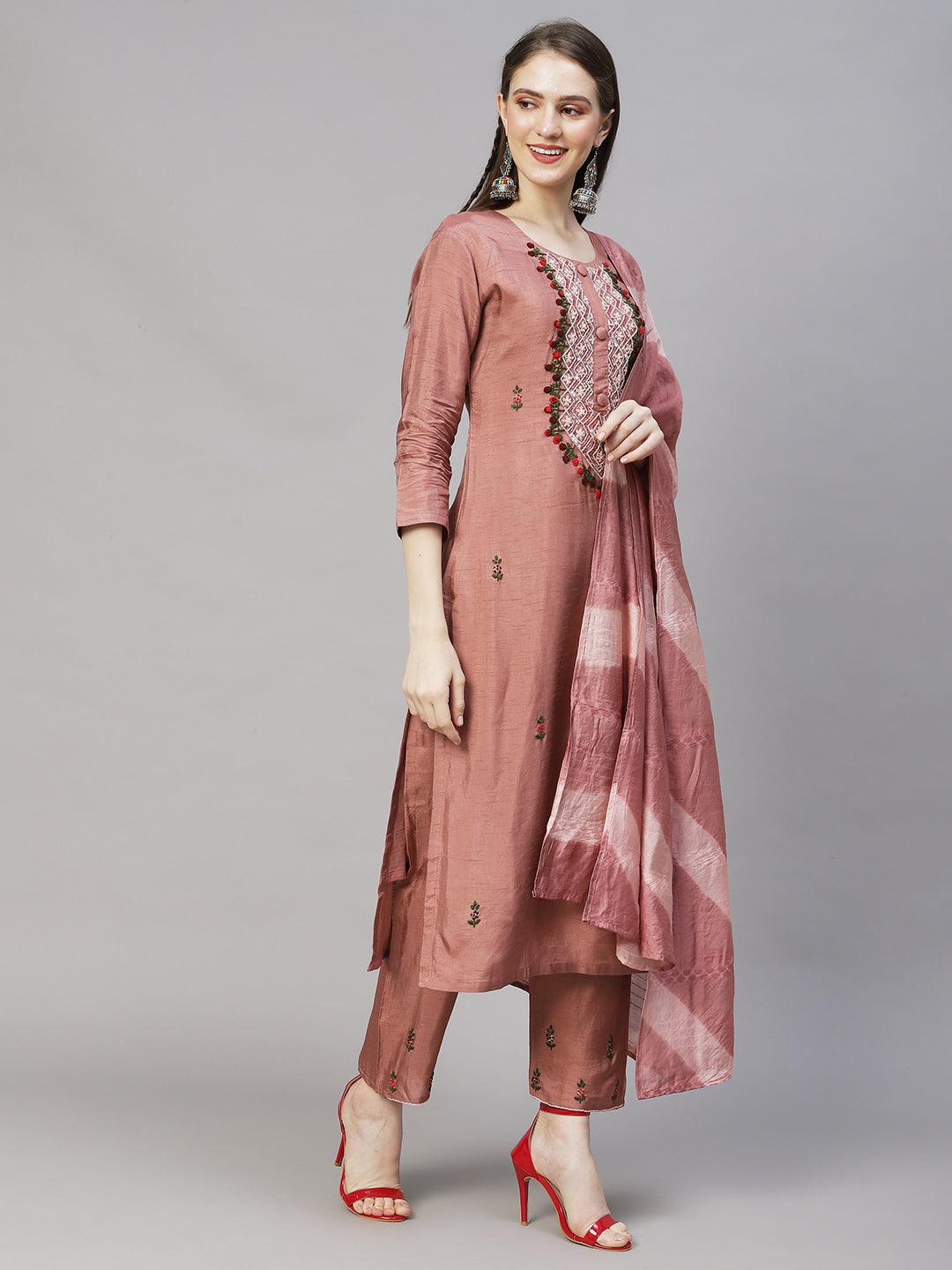 Floral Hand Embroidered Straight Kurta with Pants & Dupatta - Rose Gold Pink - Indiakreations