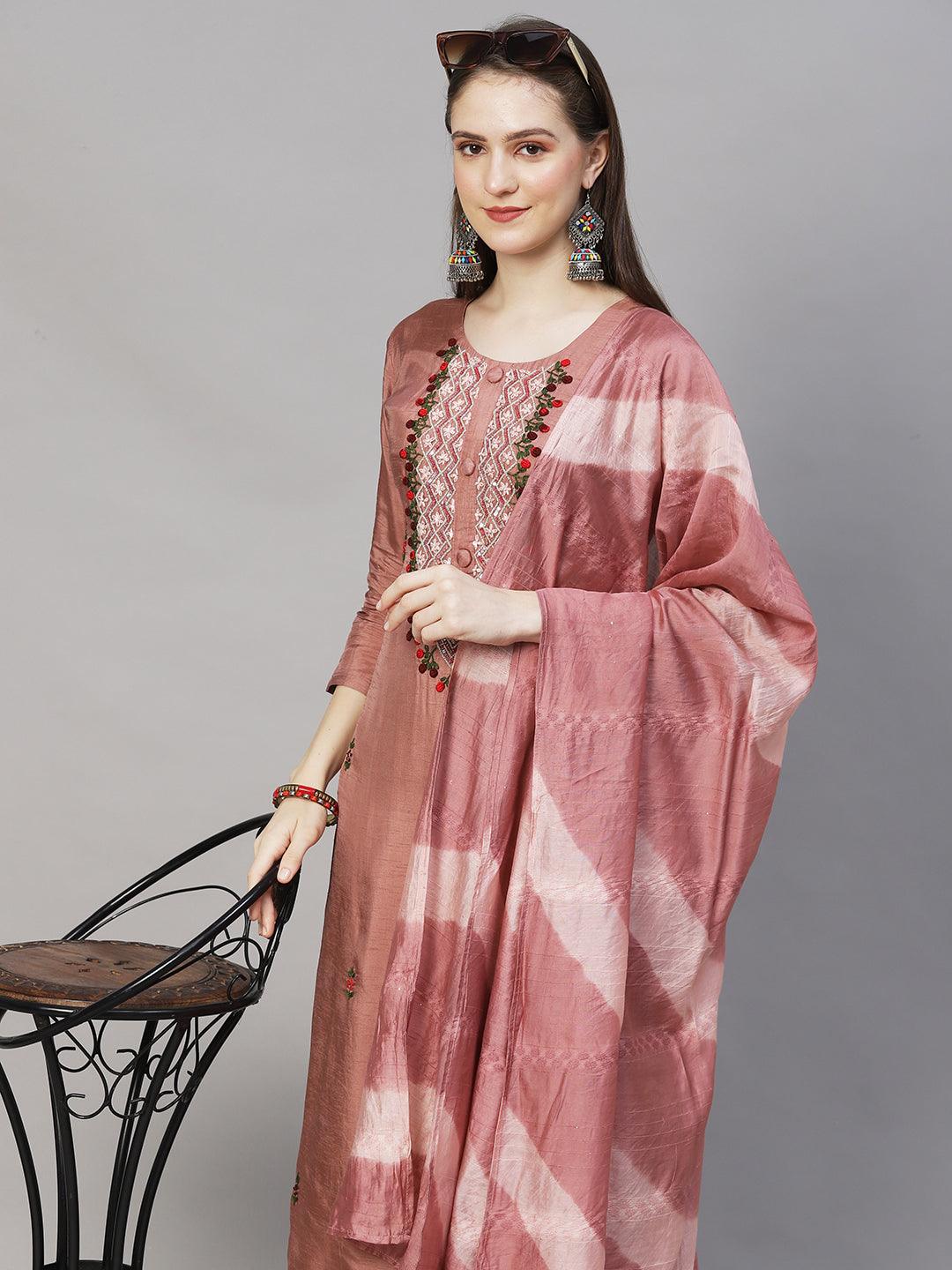 Floral Hand Embroidered Straight Kurta with Pants & Dupatta - Rose Gold Pink - Indiakreations