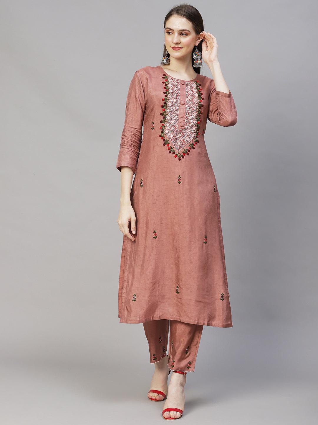 Floral Hand Embroidered Straight Kurta with Pants & Dupatta - Rose Gold Pink - Indiakreations