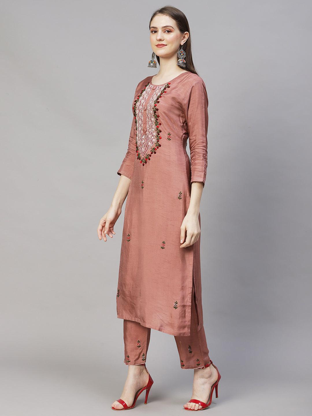 Floral Hand Embroidered Straight Kurta with Pants & Dupatta - Rose Gold Pink - Indiakreations