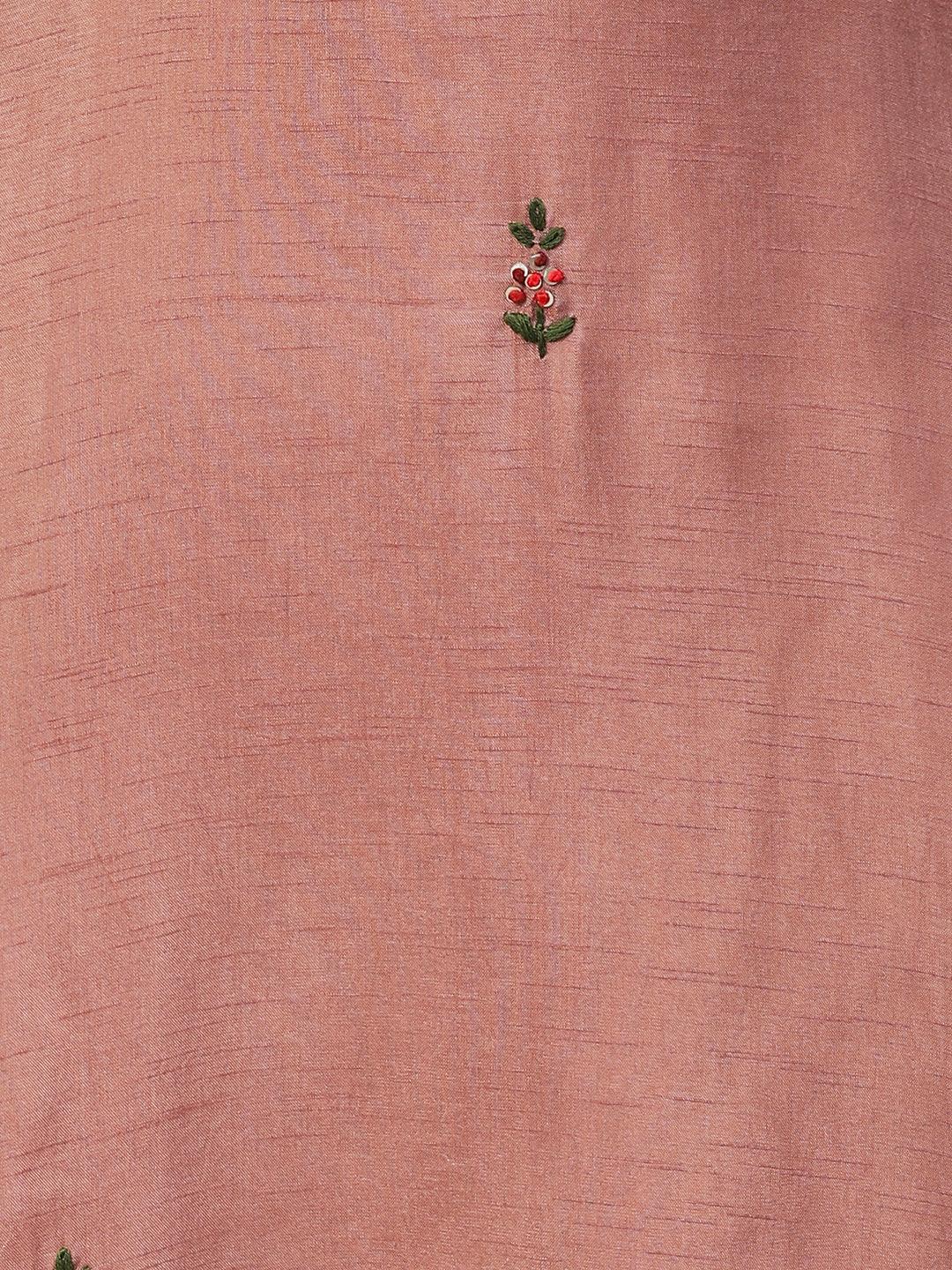 Floral Hand Embroidered Straight Kurta with Pants & Dupatta - Rose Gold Pink - Indiakreations