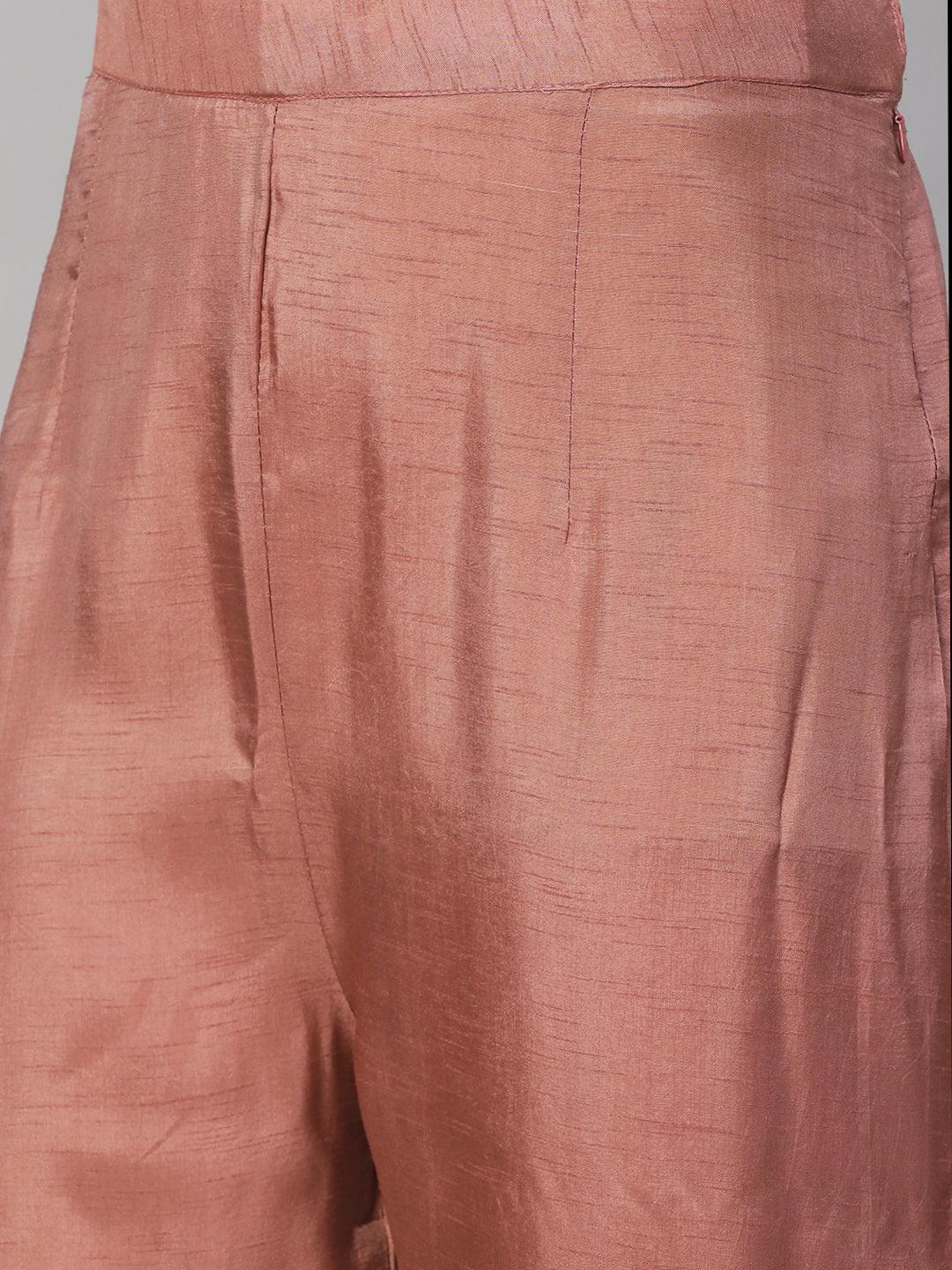 Floral Hand Embroidered Straight Kurta with Pants & Dupatta - Rose Gold Pink - Indiakreations