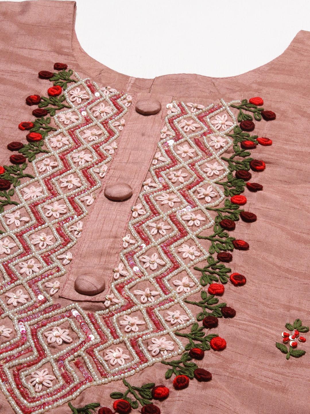 Floral Hand Embroidered Straight Kurta with Pants & Dupatta - Rose Gold Pink - Indiakreations