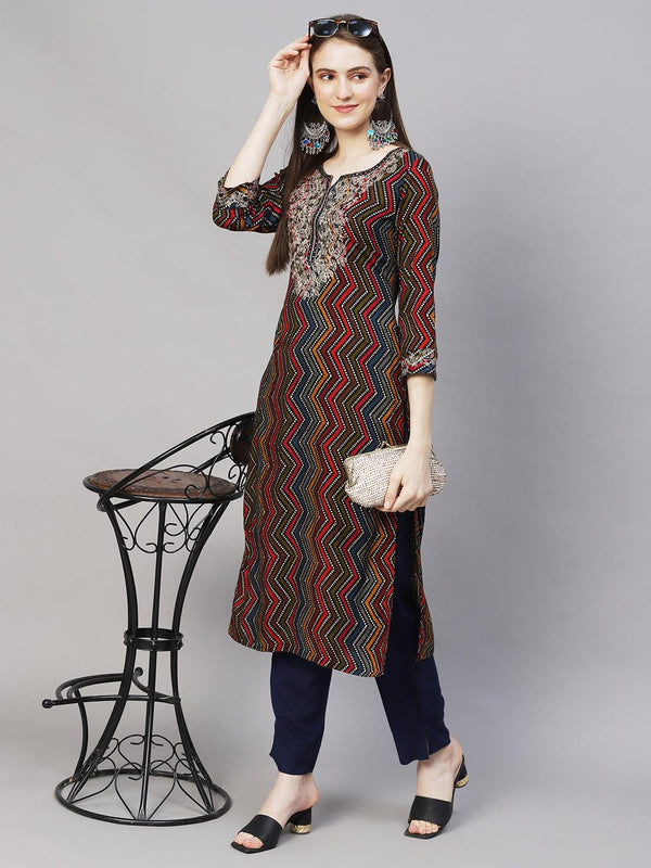 Ethnic Printed & Embroidered Straight Fit Kurta – Multi - Indiakreations