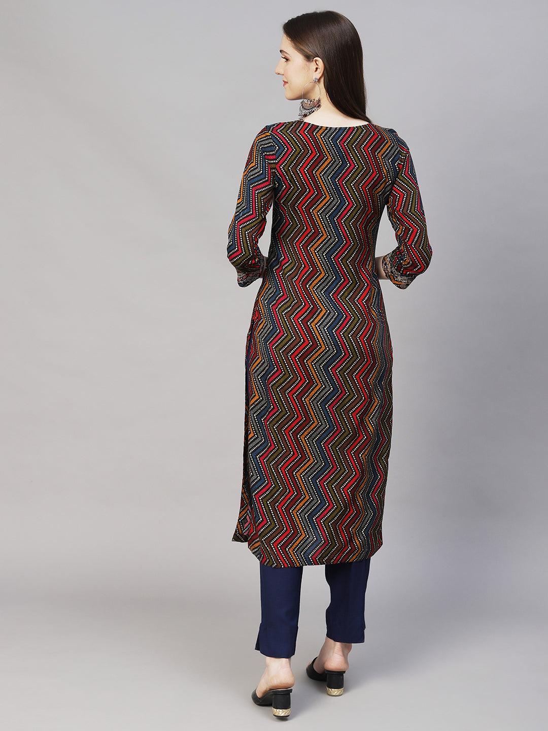 Ethnic Printed & Embroidered Straight Fit Kurta – Multi - Indiakreations