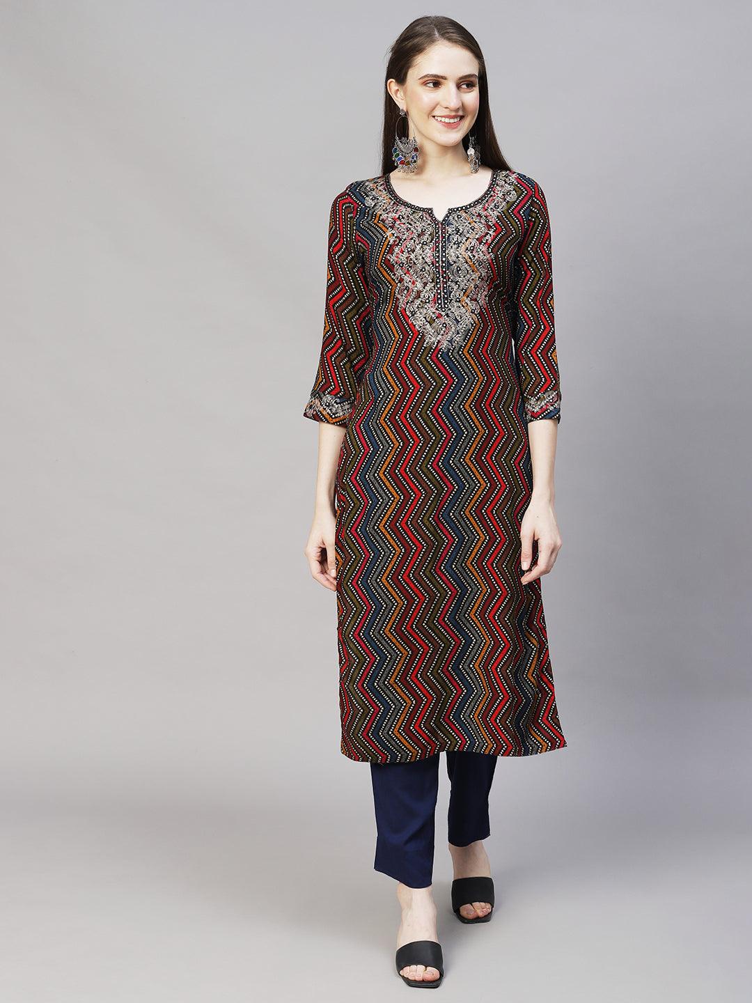 Ethnic Printed & Embroidered Straight Fit Kurta – Multi - Indiakreations