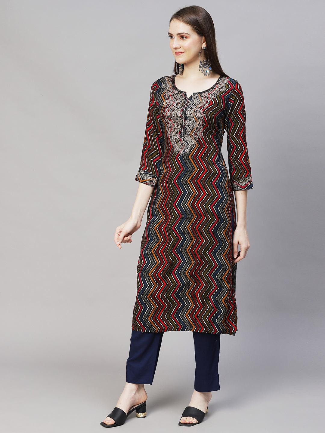 Ethnic Printed & Embroidered Straight Fit Kurta – Multi - Indiakreations