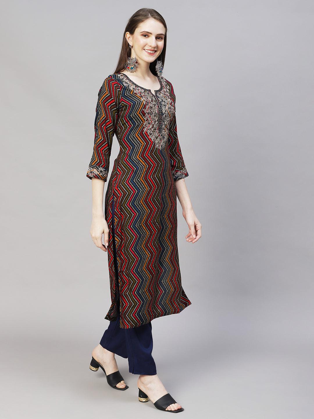 Ethnic Printed & Embroidered Straight Fit Kurta – Multi - Indiakreations