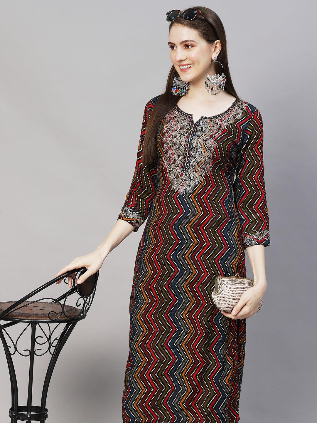 Ethnic Printed & Embroidered Straight Fit Kurta – Multi - Indiakreations