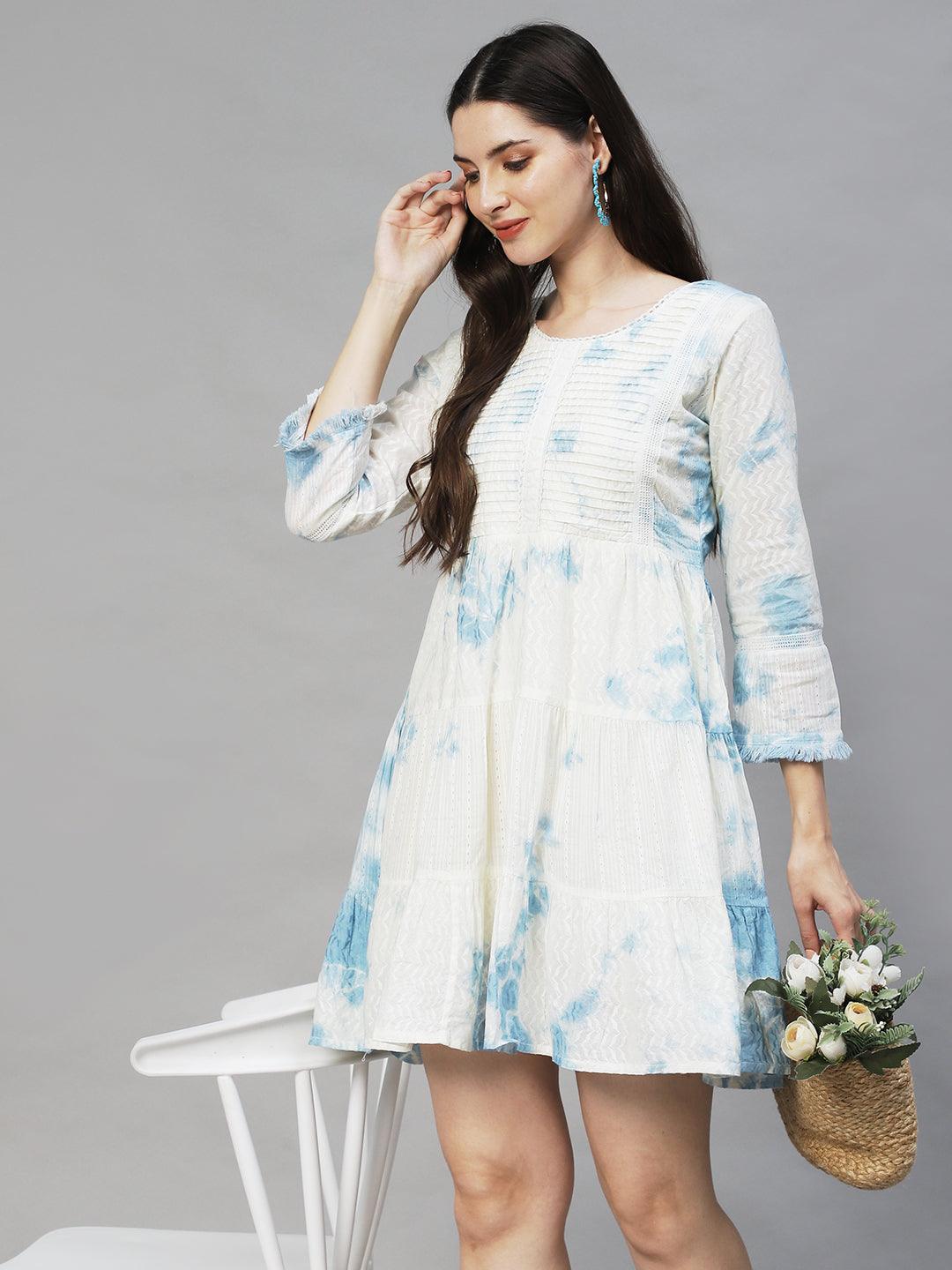 Tie-Dyed & Embroidered Tiered Flared Midi Dress - Off White - Indiakreations