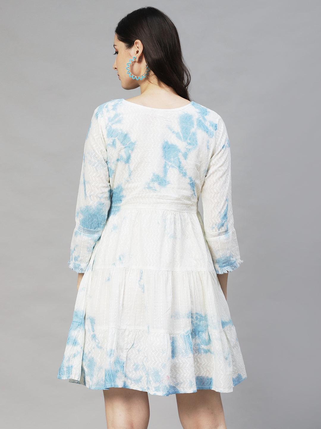 Tie-Dyed & Embroidered Tiered Flared Midi Dress - Off White - Indiakreations