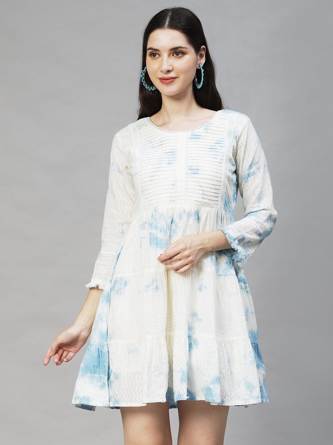 Tie-Dyed & Embroidered Tiered Flared Midi Dress - Off White - Indiakreations