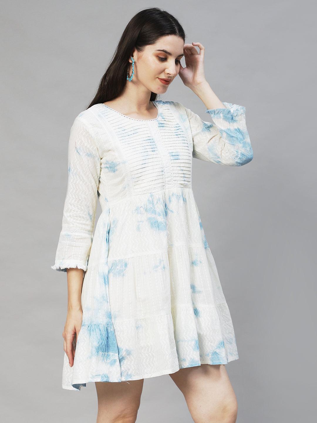 Tie-Dyed & Embroidered Tiered Flared Midi Dress - Off White - Indiakreations