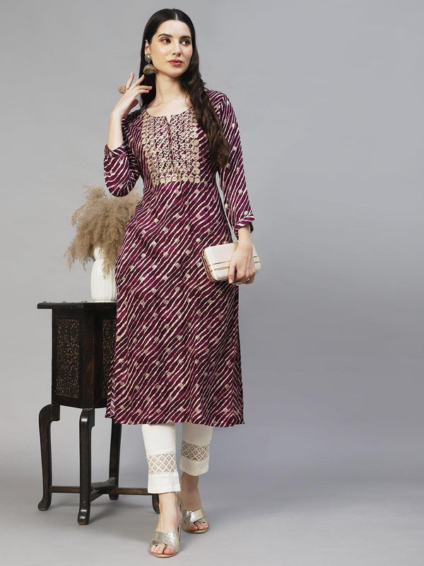 Leheriya Printed & Embroidered Straight Fit Kurta – Deep Purple - Indiakreations