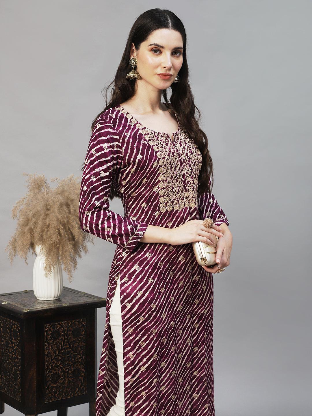 Leheriya Printed & Embroidered Straight Fit Kurta – Deep Purple - Indiakreations