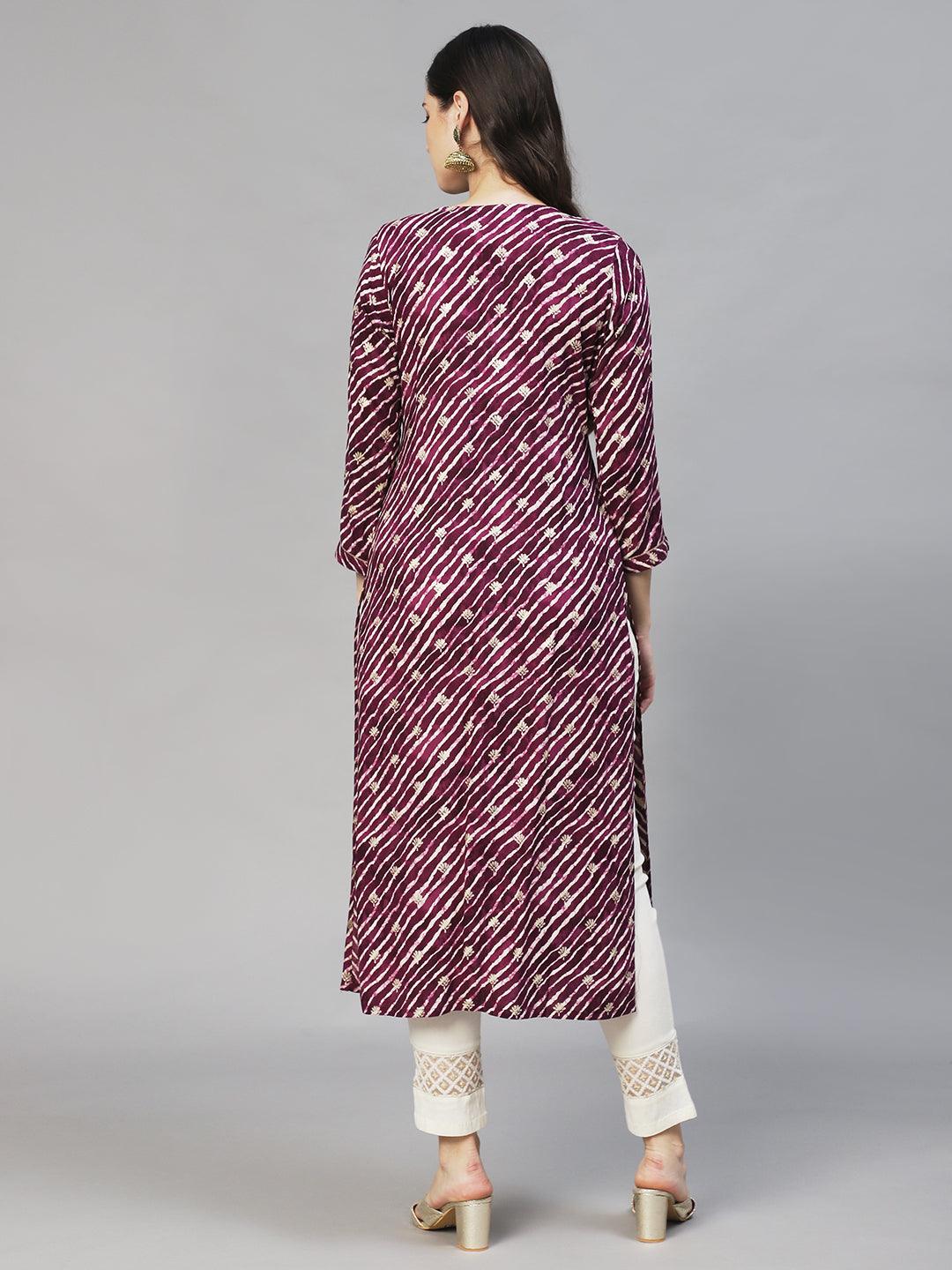 Leheriya Printed & Embroidered Straight Fit Kurta – Deep Purple - Indiakreations