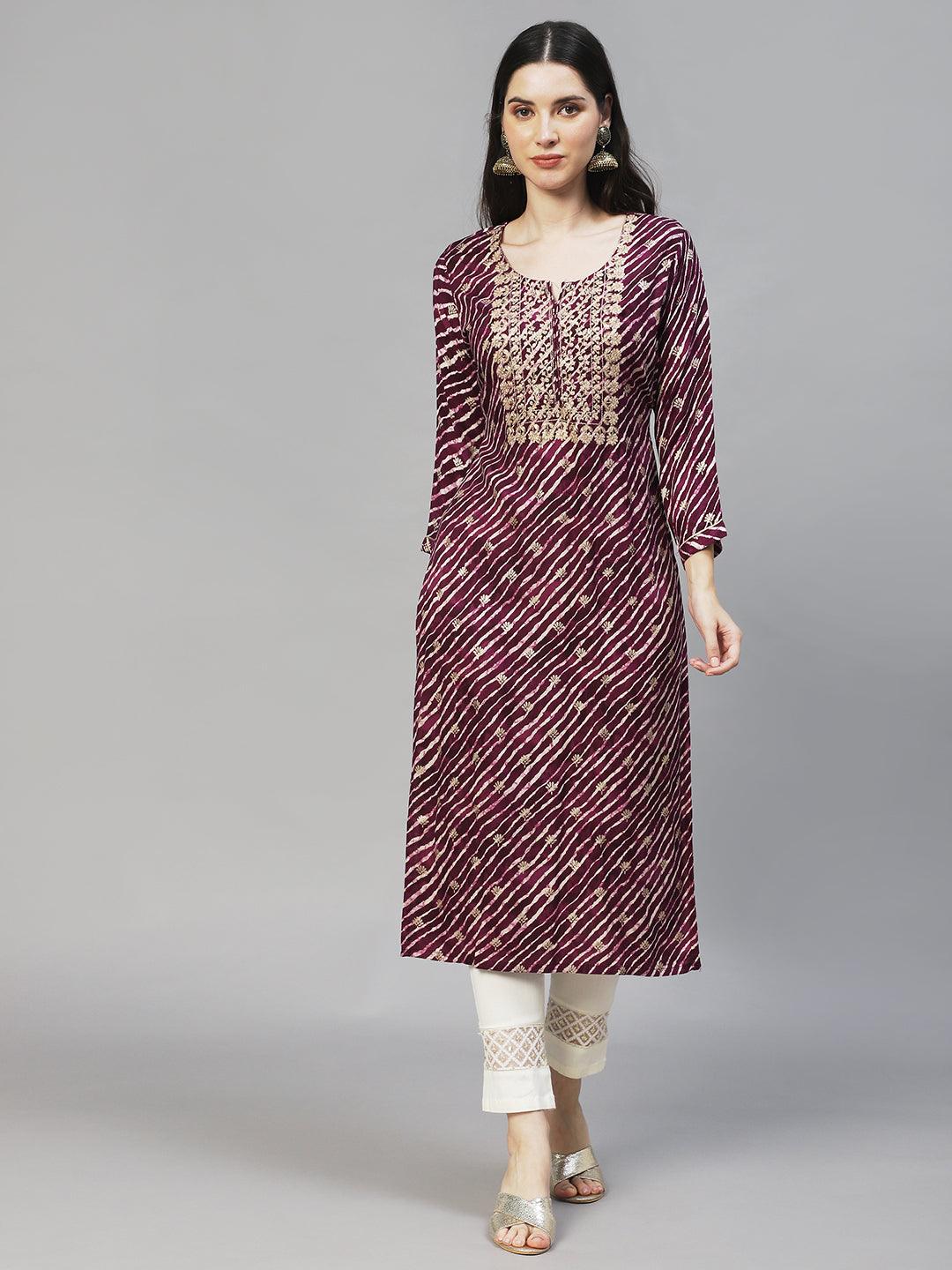 Leheriya Printed & Embroidered Straight Fit Kurta – Deep Purple - Indiakreations