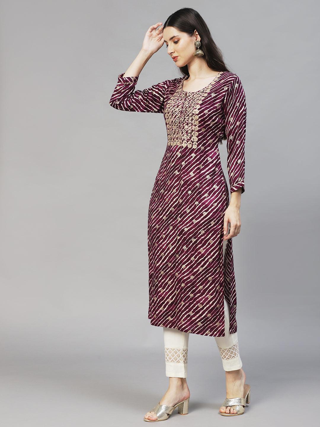 Leheriya Printed & Embroidered Straight Fit Kurta – Deep Purple - Indiakreations