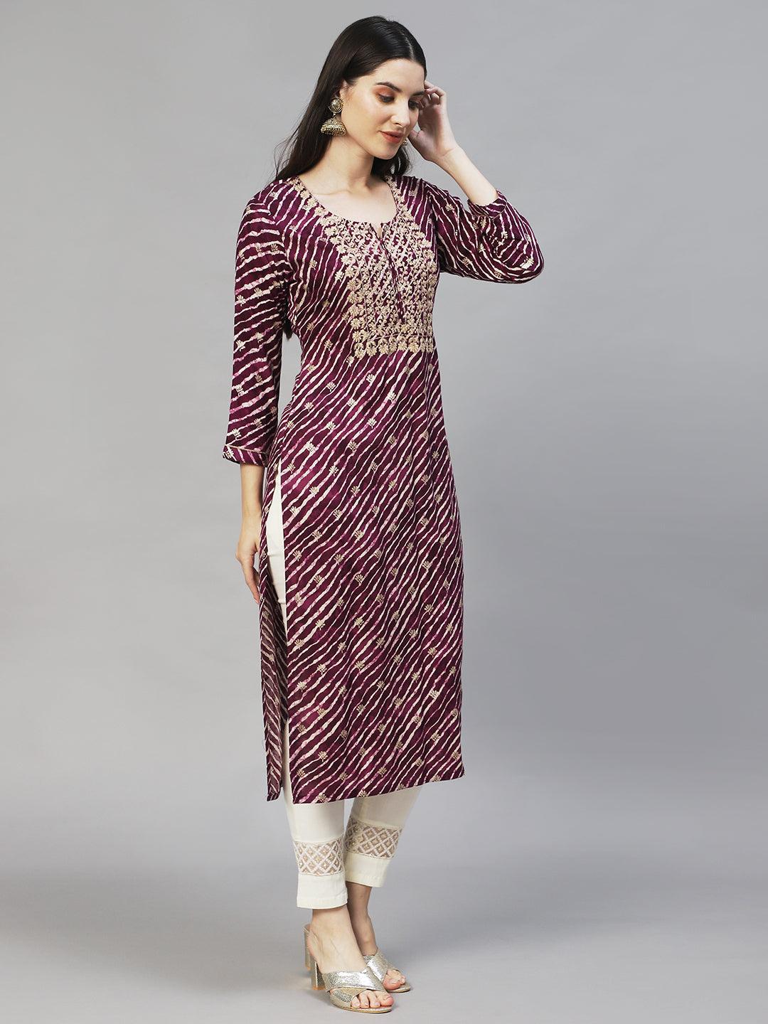 Leheriya Printed & Embroidered Straight Fit Kurta – Deep Purple - Indiakreations