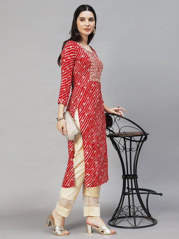 Leheriya Printed & Embroidered Straight Fit Kurta – Red - Indiakreations