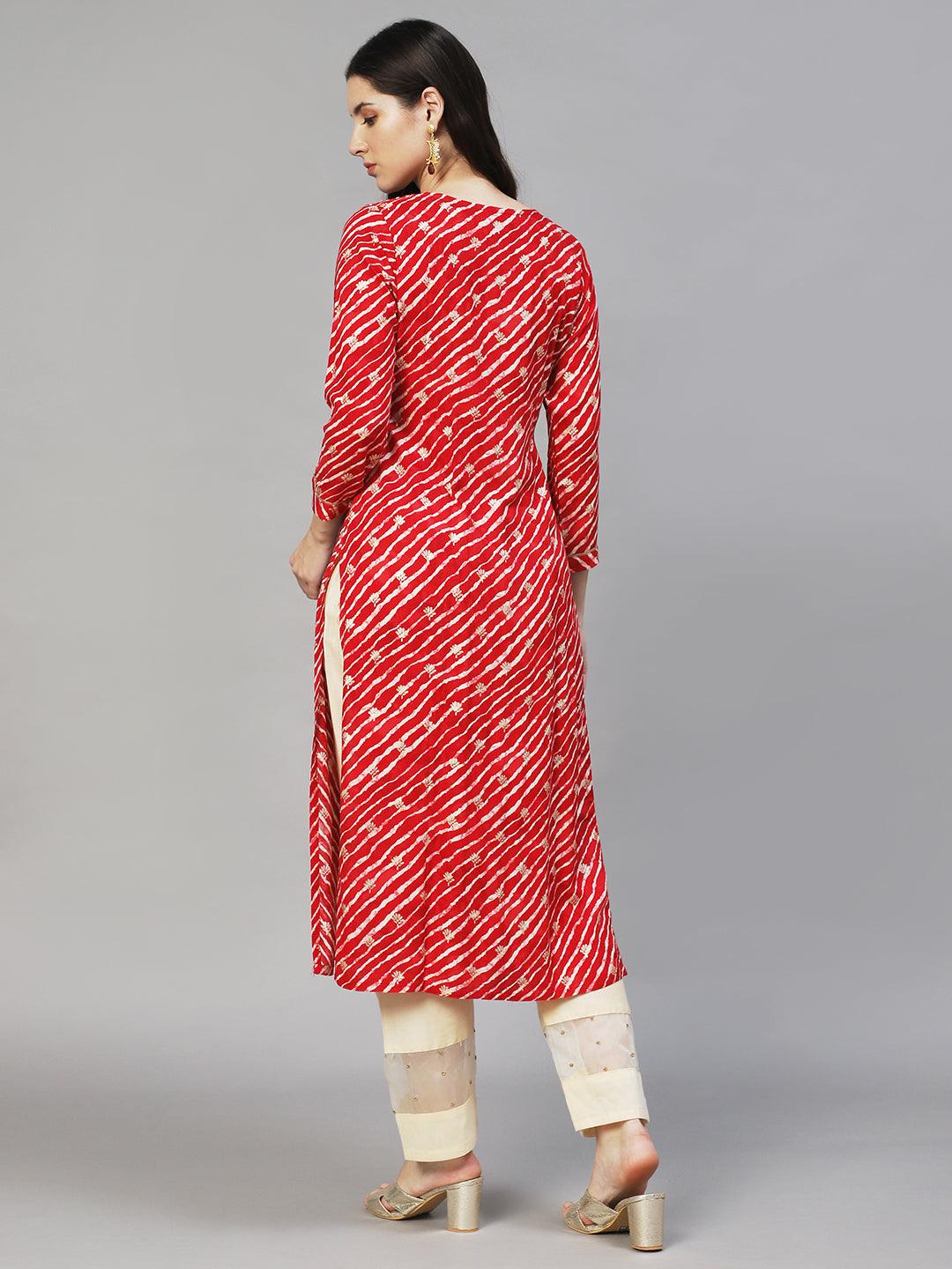 Leheriya Printed & Embroidered Straight Fit Kurta – Red - Indiakreations