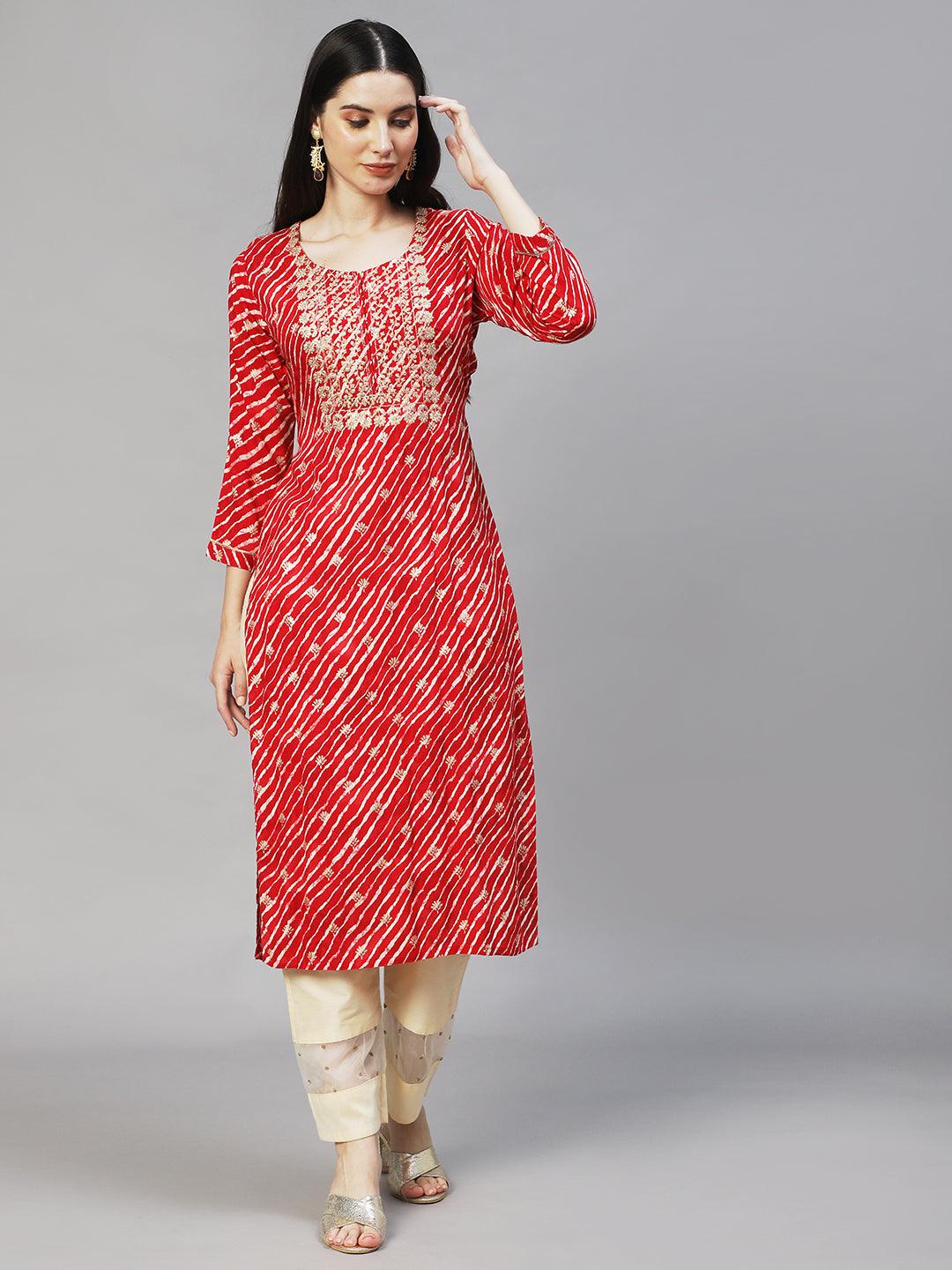 Leheriya Printed & Embroidered Straight Fit Kurta – Red - Indiakreations