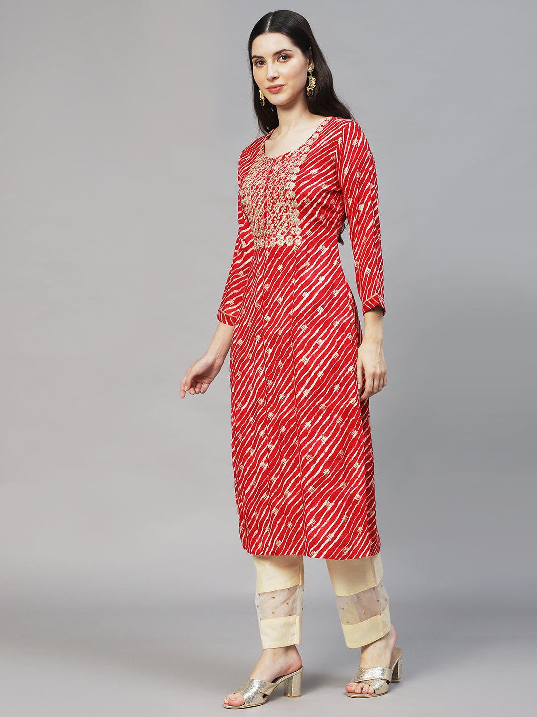 Leheriya Printed & Embroidered Straight Fit Kurta – Red - Indiakreations