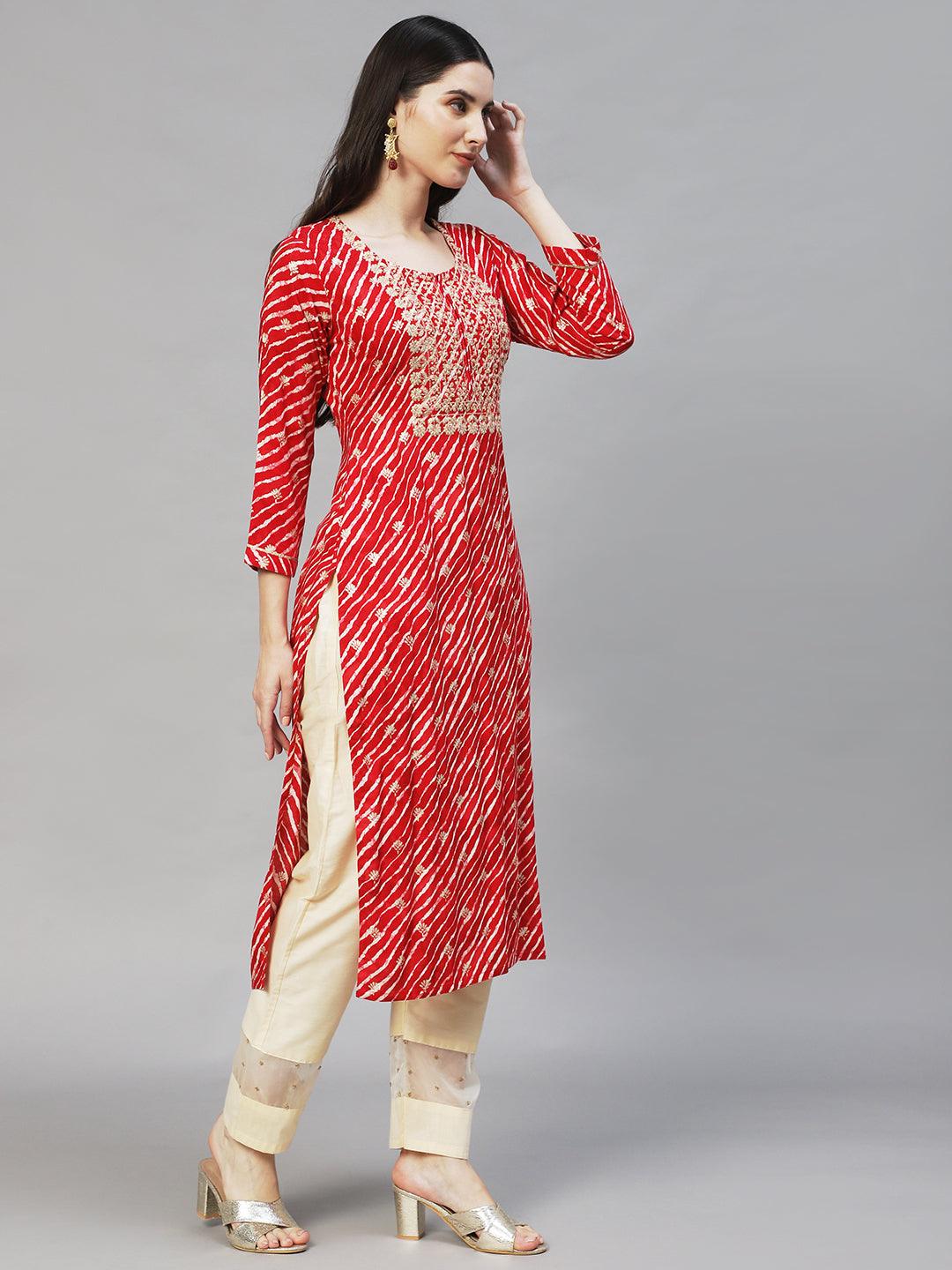 Leheriya Printed & Embroidered Straight Fit Kurta – Red - Indiakreations