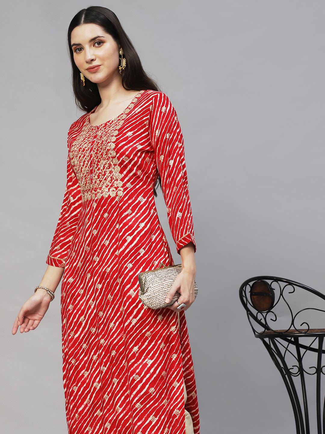 Leheriya Printed & Embroidered Straight Fit Kurta – Red - Indiakreations