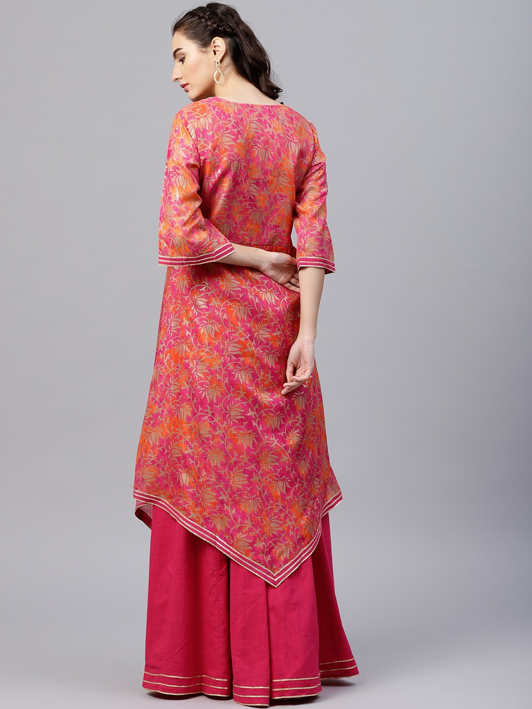 Floral printed round neck 3/4th sleeve with a slit assymetric kurta with solid A-line skirt with gota detailing | NOZ2TOZ - Made In INDIA.