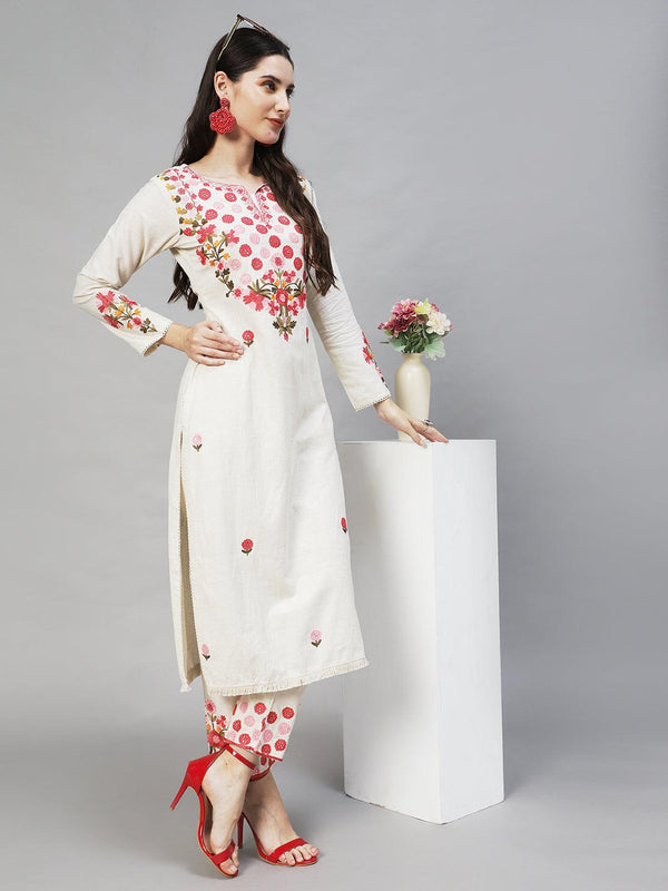 Floral Embroidered Straight Fit Kurta with Pant - Off White - Indiakreations