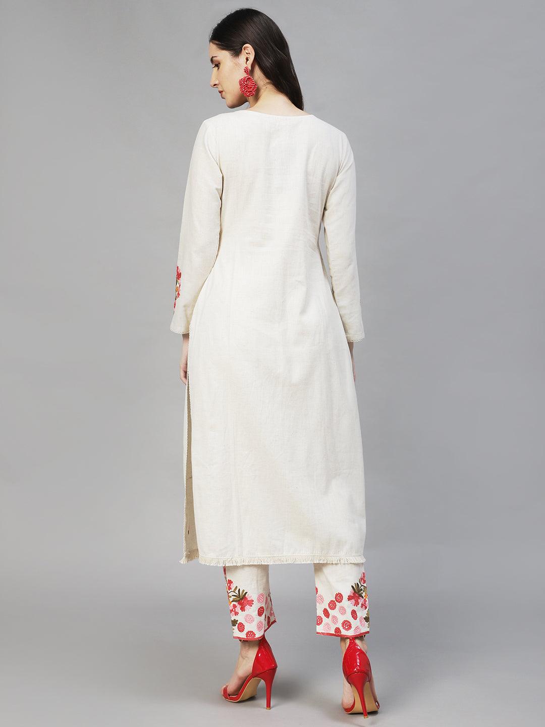 Floral Embroidered Straight Fit Kurta with Pant - Off White - Indiakreations