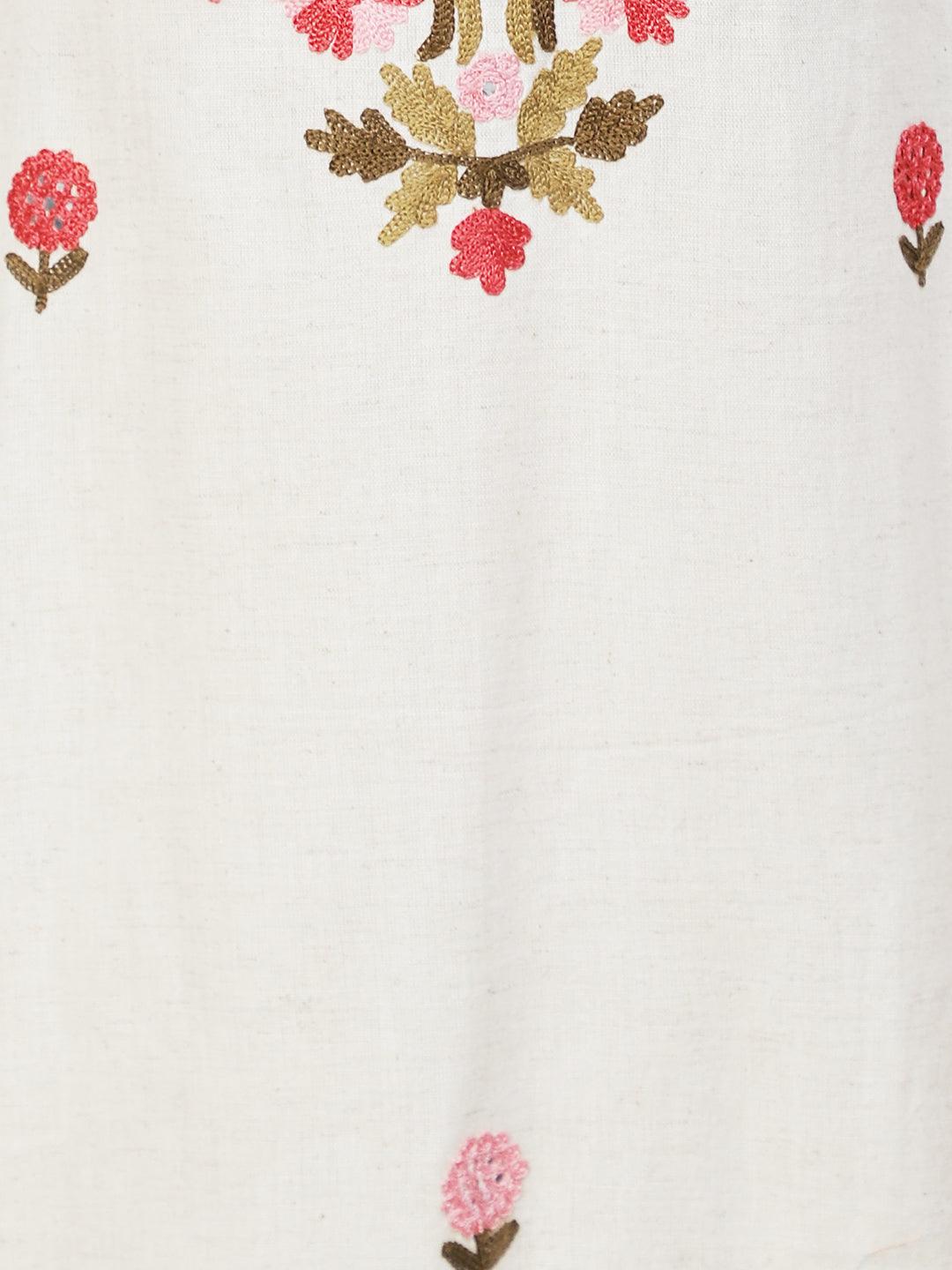 Floral Embroidered Straight Fit Kurta with Pant - Off White - Indiakreations