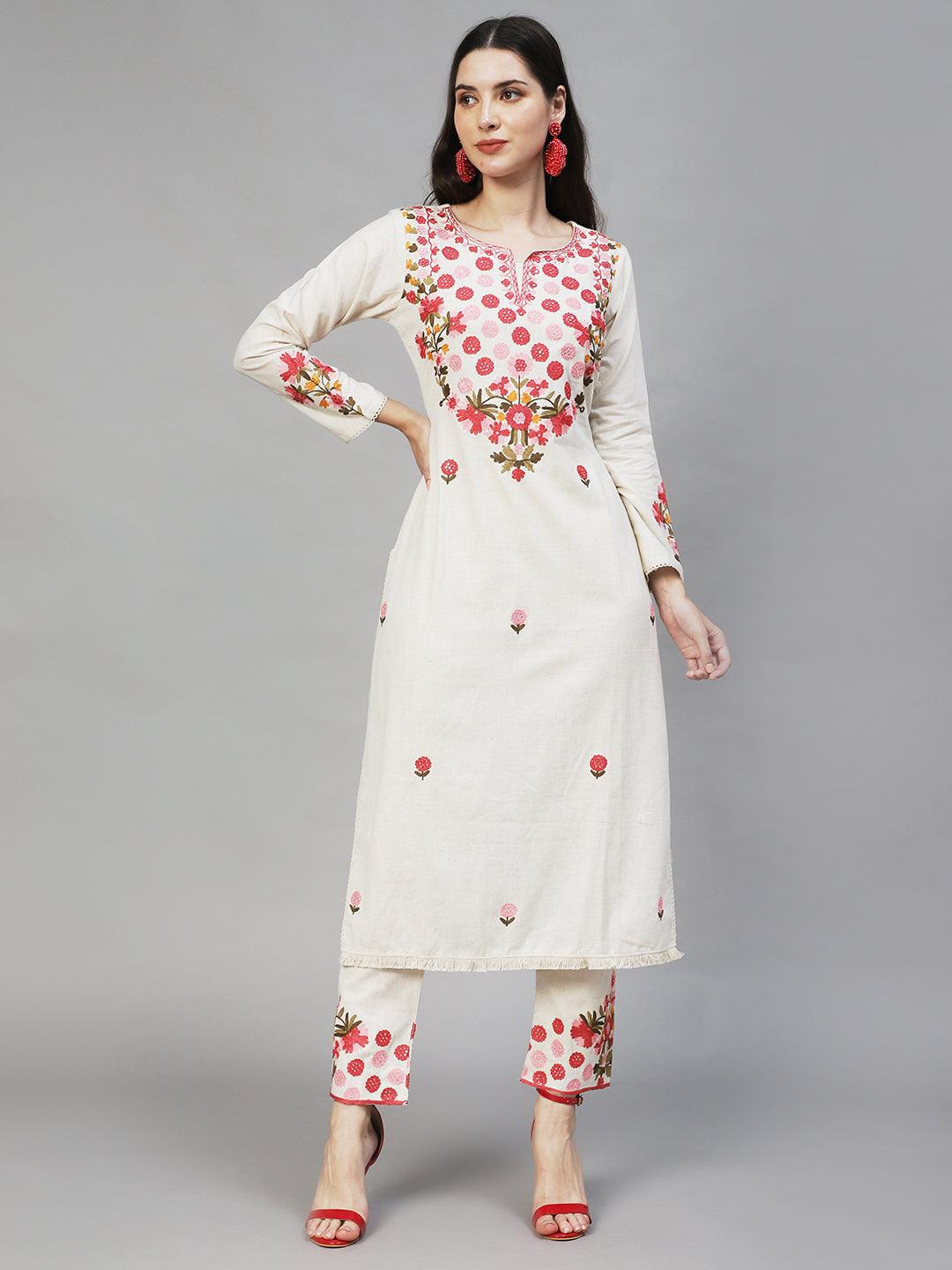 Floral Embroidered Straight Fit Kurta with Pant - Off White - Indiakreations